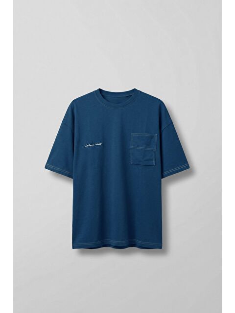 Abluka Online Erkek Oversize Nakışlı Ters Cep Detaylı T-Shirt Mavi - S000155212-17234