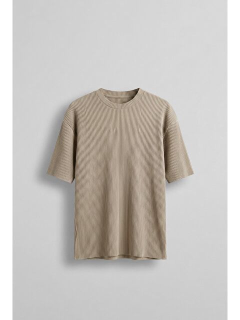 Abluka Online Erkek Oversize Çizgi Desenli Esnek Ve Hafif Rahat Yazlık T-Shirt Bej - S000178829-19928