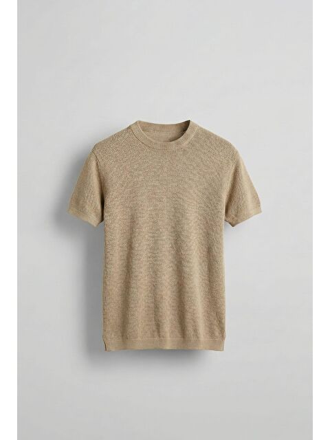 Abluka Online Erkek Regular Fit Bisiklet Yaka Esnek Triko T-Shirt Bej - S000144610-19928