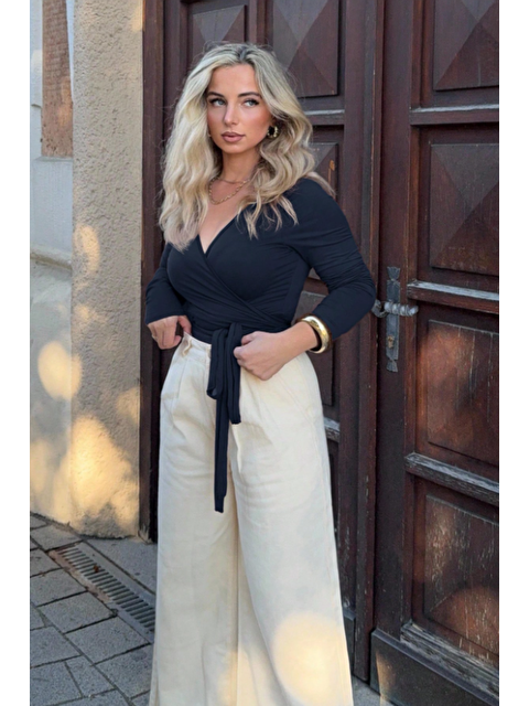 Tarz Cool Kadın Lacivert Kruvaze Yaka Uzun Kollu Bağlamalı Slim Fit Bluz - S000505837-21164