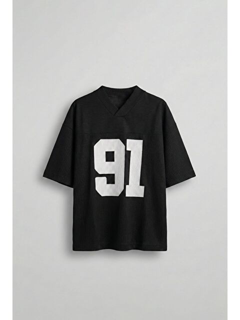 Abluka Online Erkek Oversize Baskılı V Yaka Forma T-Shirt Siyah - S000365672-19351