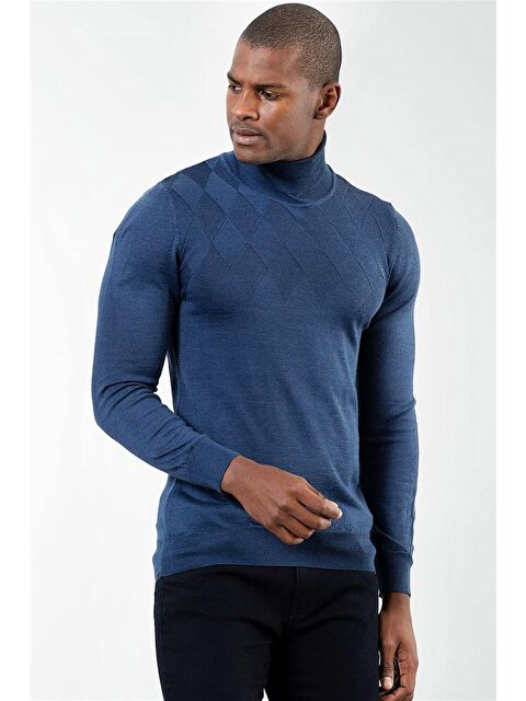 TUDORS Slim Fit Tam Balıkçı Yaka İnce Yün Erkek İndigo Kazak