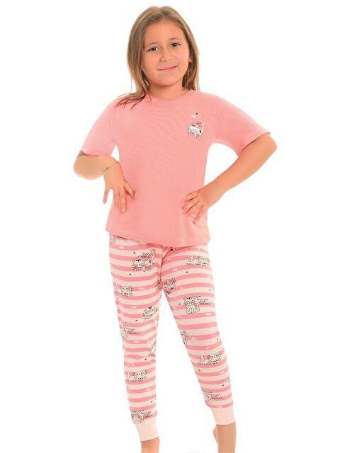 Little Frog Kids Pamuklu Kısa Kollu Desenli Paça Bantlı Kız Çocuk Pijama Takım - S000074090-17605