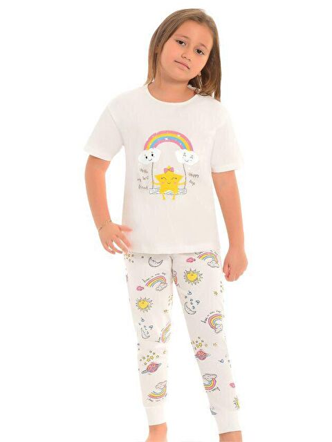 Little Frog Kids Pamuklu Kısa Kollu Desenli Paça Bantlı Kız Çocuk Pijama Takım - S000074093-19965