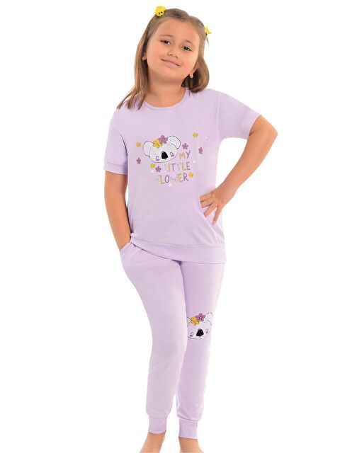 Little Frog Kids Pamuklu Kısa Kollu Baskılı Paça Bantlı Cepli Kız Çocuk Pijama Takım - S000074103-17878