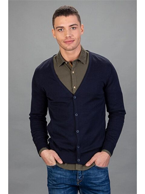 TUDORS Slim Fit Düğmeli Düz Pamuk Erkek Mavi Hırka - S000043397-21164