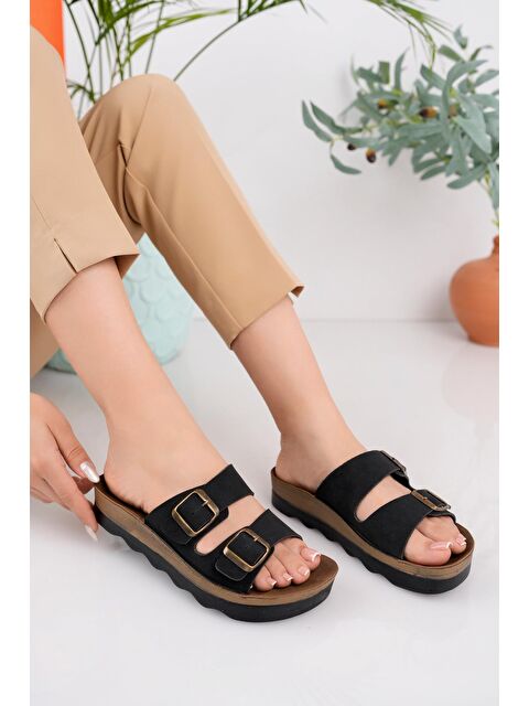 Muggo Lena Kadın  Günlük Ortopedik Çift Bantlı Tokalı Kaymaz Taban Rahat Terlik - S000023057-19351