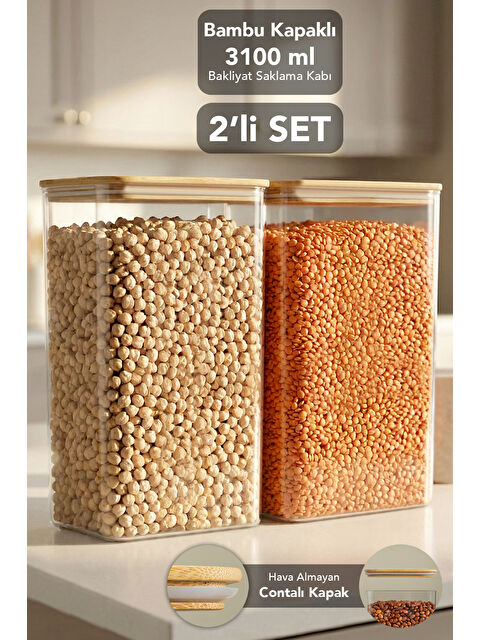 Meleni Home 2'li Bambu Kapak Aura Kapaklı Dikdörtgen Saklama Kabı 3100 ml