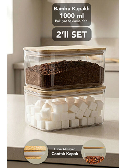 Meleni Home 2'li Bambu Kapak Aura Dikdörtgen Erzak Saklama Kabı 1 l