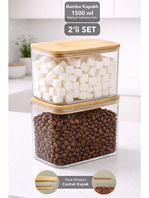 Meleni Home 2'li Bambu Kapak Aura Dikdörtgen Erzak Saklama Kabı 1,5 l