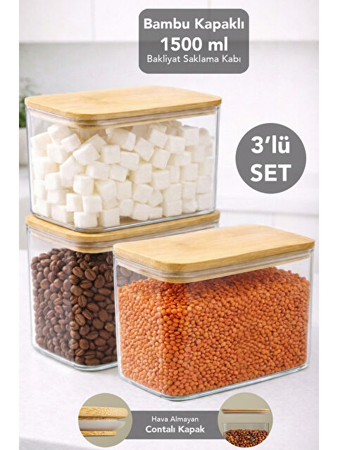 Meleni Home 3'lü Bambu Kapak Aura Dikdörtgen Erzak Saklama Kabı 1,5 l