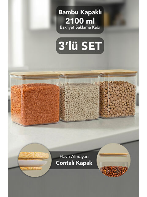 Meleni Home 3'lü Bambu Kapak Aura Kapaklı Dikdörtgen Erzak Saklama Kabı 2100 ml