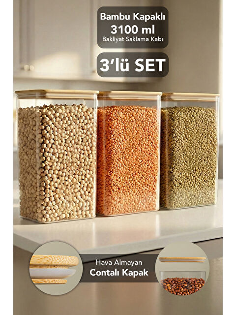 Meleni Home 3'lü Bambu Kapak Aura Kapaklı Dikdörtgen Saklama Kabı 3100 ml