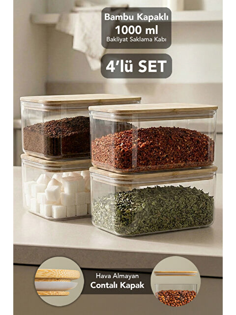 Meleni Home 4'lü Bambu Kapak Aura Dikdörtgen Erzak Saklama Kabı 1 l