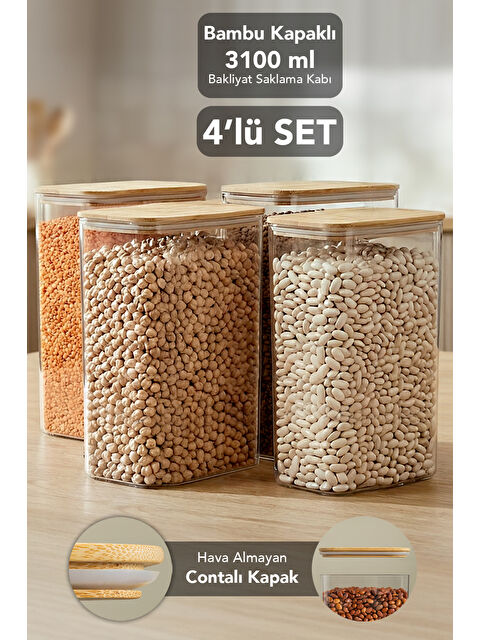 Meleni Home 4'lü Bambu Kapak Aura Kapaklı Dikdörtgen Saklama Kabı 3100 ml