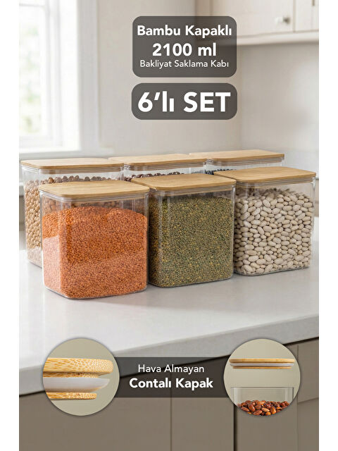 Meleni Home 6'lı Bambu Kapak Aura Kapaklı Dikdörtgen Erzak Saklama Kabı 2100 ml