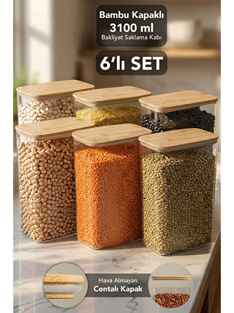 Meleni Home 6'lı Bambu Kapak Aura Kapaklı Dikdörtgen Saklama Kabı 3100 ml