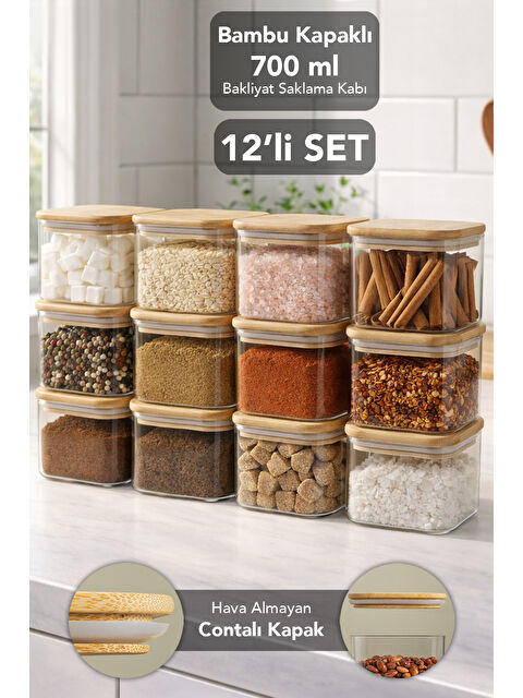 Meleni Home 12'li Bambu Kapak Aura Kare Saklama Kabı 700 ml