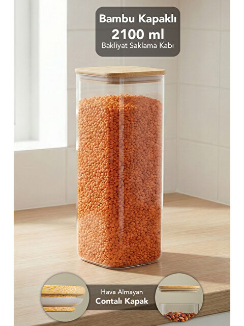 Meleni Home Bambu Kapak Aura Kapaklı Kare Erzak Saklama Kabı 2100 ml