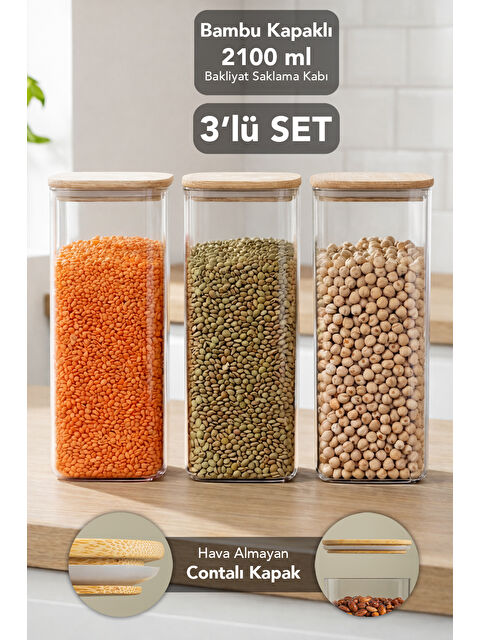 Meleni Home 3'lü Bambu Kapak Aura Kapaklı Kare Erzak Saklama Kabı 2100 ml