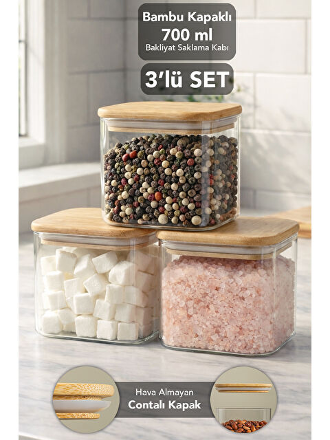 Meleni Home 3'lü Bambu Kapak Aura Kare Saklama Kabı 700 ml