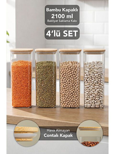 Meleni Home 4'lü Bambu Kapak Aura Kapaklı Kare Erzak Saklama Kabı 2100 ml
