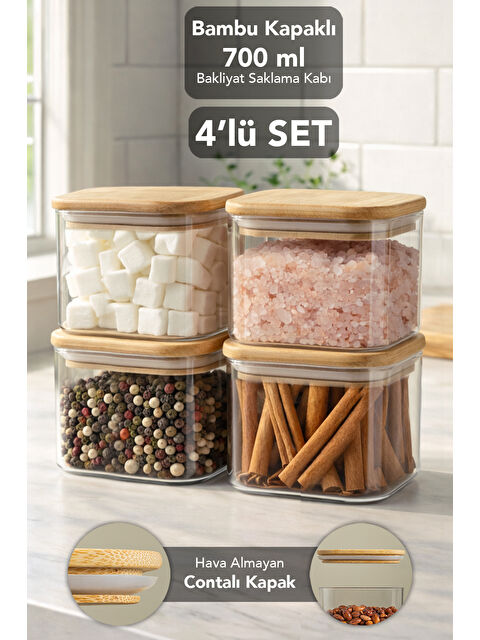 Meleni Home 4'lü Bambu Kapak Aura Kare Saklama Kabı 700 ml