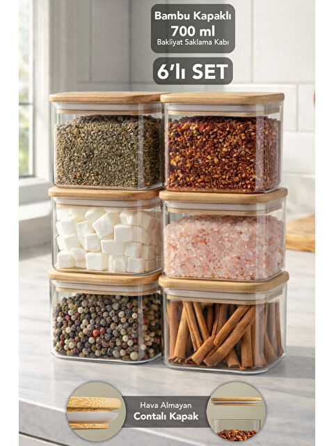 Meleni Home 6'lı Bambu Kapak Aura Kare Saklama Kabı 700 ml