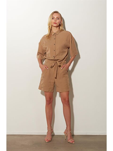 Sherin Camel Kemerli Şort Tulum - S000018175-37257