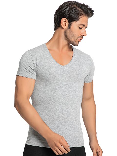 Tolin V Yaka Kısa Kollu Erkek Pamuklu Likralı Gri Melanj Fanila 3177G - S000074969-20600