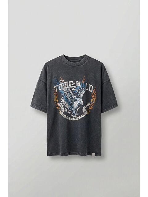 Abluka Online Erkek Oversize %100 Pamuk Yıkamalı To Be Wild Baskılı T-Shirt Koyu Gri - S000178831-29351