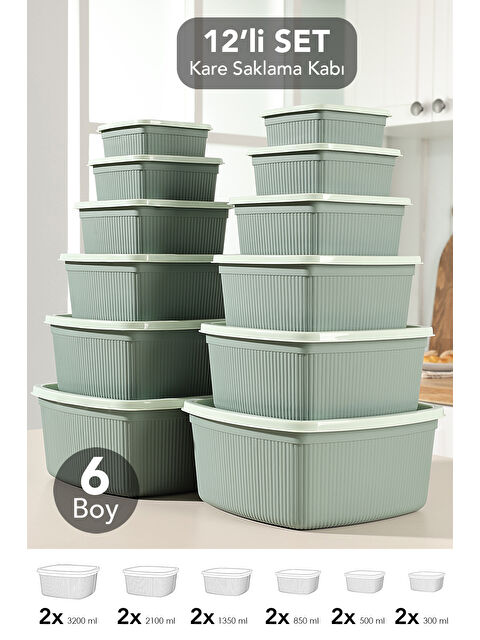 Meleni Home 12'li Çizgili Kare Erzak Gıda Saklama Kabı Seti
