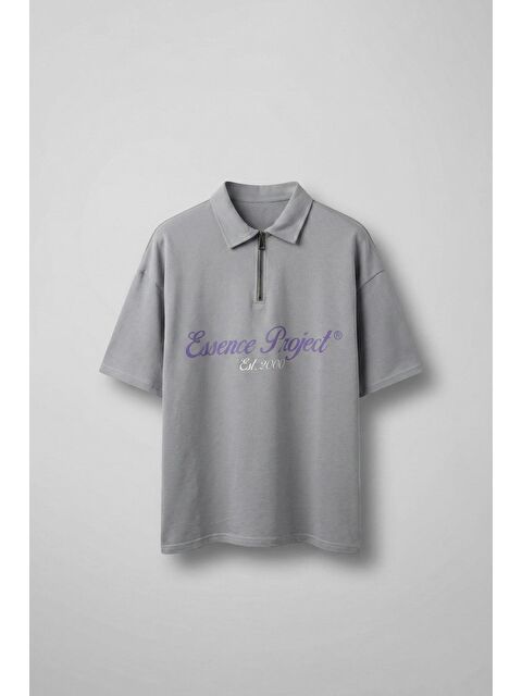 Abluka Online Erkek Oversize Fermuarlı Polo Yaka Baskılı T-Shirt Açık Gri - S000187047-17308