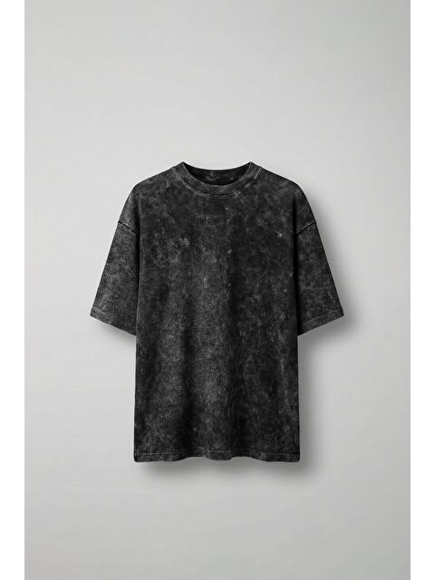 Abluka Online Erkek Desenli Waffle Kumaş Yıkamalı Oversize T-Shirt Siyah - S000365679-19351