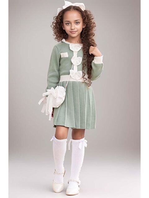 Riccotarz Kız Çocuk Beli Şerit ve Göğsü Fiyonk Detaylı Eteği Piliseli Yeşil Şifon Elbise - S000292488-18194
