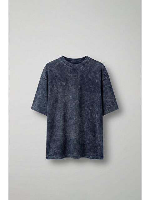 Abluka Online Erkek Desenli Waffle Kumaş Yıkamalı Oversize T-Shirt Mavi - S000365679-17234