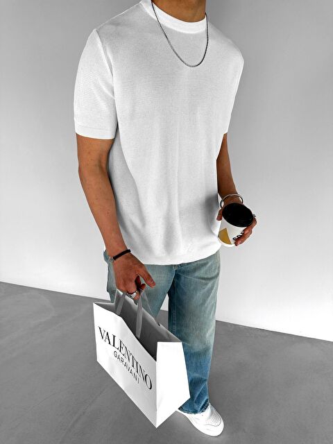 Abluka Online Erkek Regular Fit Bisiklet Yaka Esnek Triko T-Shirt Ekru - S000144610-19965