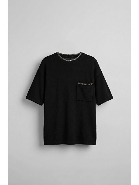 Abluka Online Erkek Oversize Önü Cepli Örme T-Shirt Siyah - S000155211-19351