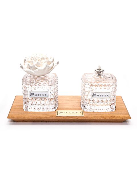 Missi Masif Ahşap Tepsili Kare Kristal Şişe Yasemin Sandal Oda Kokusu ve Yasemin Sandal Kokulu Kandil Seti - S000080138-20076