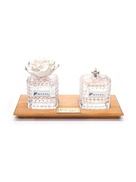 Missi Masif Ahşap Tepsili Kare Kristal Şişe Yasemin Sandal Oda Kokusu ve Yasemin Sandal Kokulu Kandil Seti - S000080138-20076