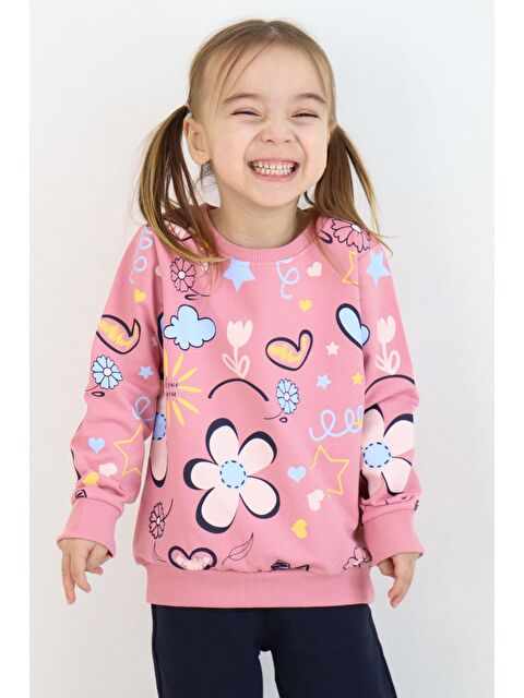 Breeze Kız Çocuk Sweatshirt Bahar Temalı Çiçek Desenli Gülkurusu (2-3 Yaş) - S000325225-20028
