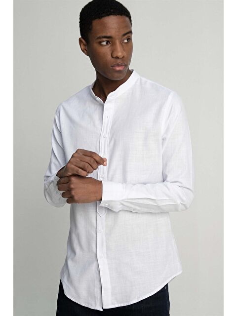 TUDORS Slim Fit Dar Kalıp Uzun Kol Hakim Yaka Pamuklu Keten Efekt Gömlek - TUDORS