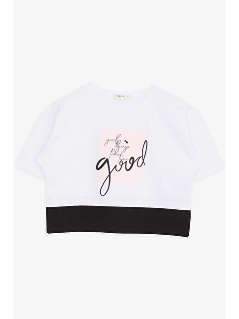 Breeze Kız Çocuk Crop Tişört Yazı Baskılı Yanları Yırtmaçlı Beyaz (12-14 Yaş) - S000022251-20063