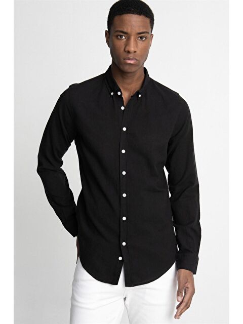 TUDORS Slim Fit Uzun Kol Biyeli Yaka Düğmeli Keten Erkek Gömlek - TUDORS