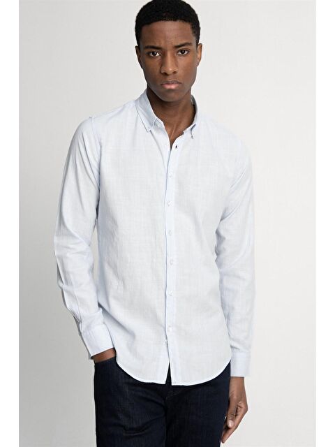 TUDORS Slim Fit Uzun Kol Biyeli Yaka Düğmeli Keten Erkek Gömlek - TUDORS