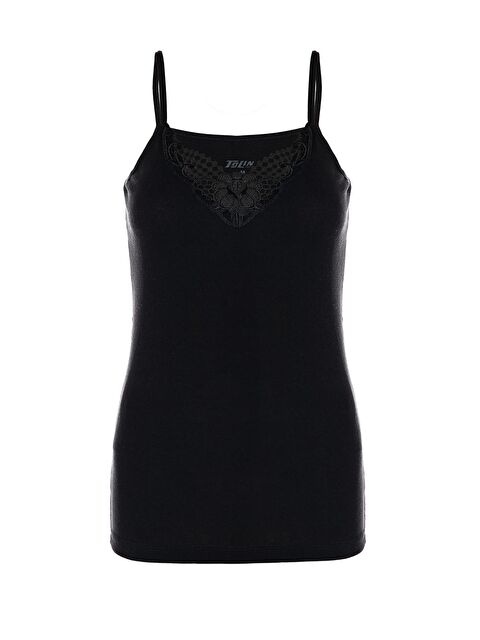 Tolin Kadın İp Askılı Pamuklu Güpürlü Siyah Atlet 1222S - S000075019-19351