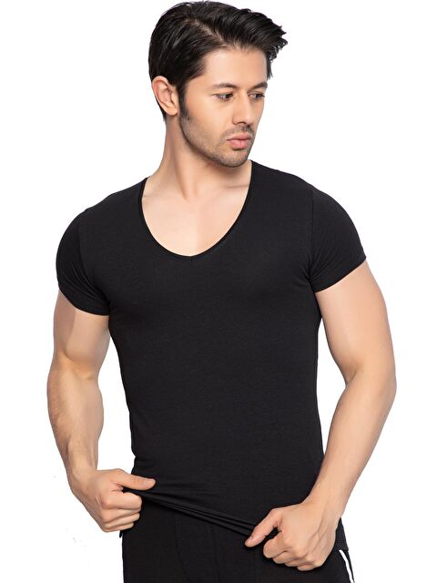 Tolin V Yaka Erkek Kısa Kollu Pamuklu Elastanlı Siyah Fanila 3177S - S000075028-19351