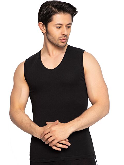 Tolin V Yaka Erkek Kolsuz Geniş Askılı Pamuklu Elastanlı Siyah Atlet 1177S - S000075031-19351