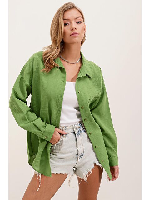 Bigdart 20153 Tek Cepli Oversize Keten Gömlek - E.Yeşil - S000085424-18194