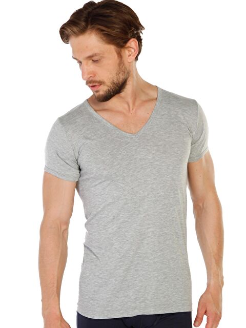 Tolin V Yaka Erkek Kısa Kollu Pamuklu Gri Melanj Fanila 6'lı 317G - S000075049-20600
